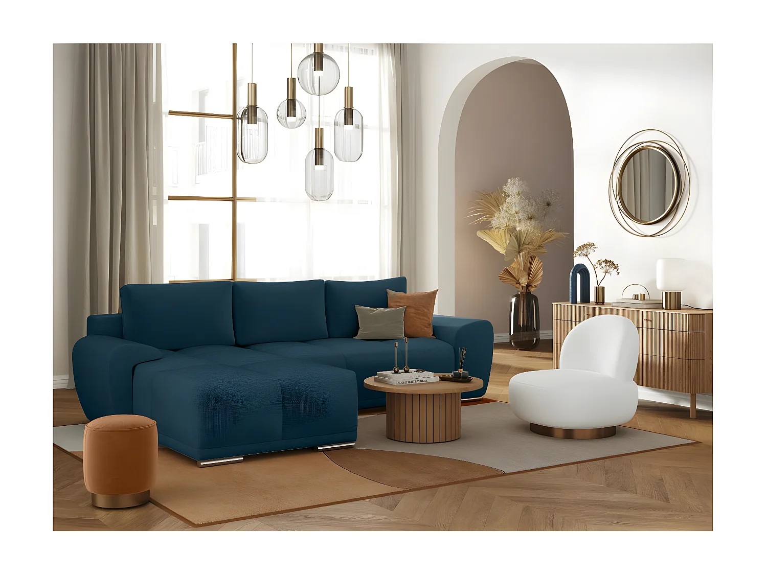 Canapé d'angle gauche 4 places convertible Cassandra avec coffre en tissu - Bleu foncé - L270 x P181 x H89cm - Loungitude