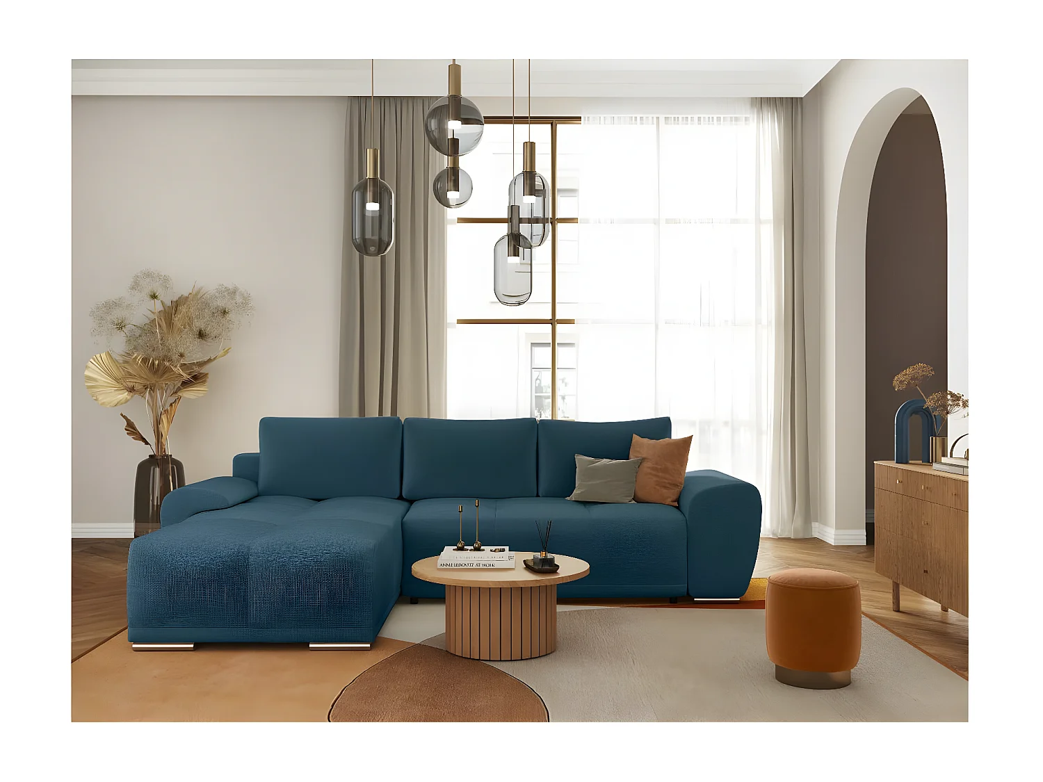 Canapé d'angle gauche 4 places convertible Cassandra avec coffre en tissu - Bleu foncé - L270 x P181 x H89cm - Loungitude