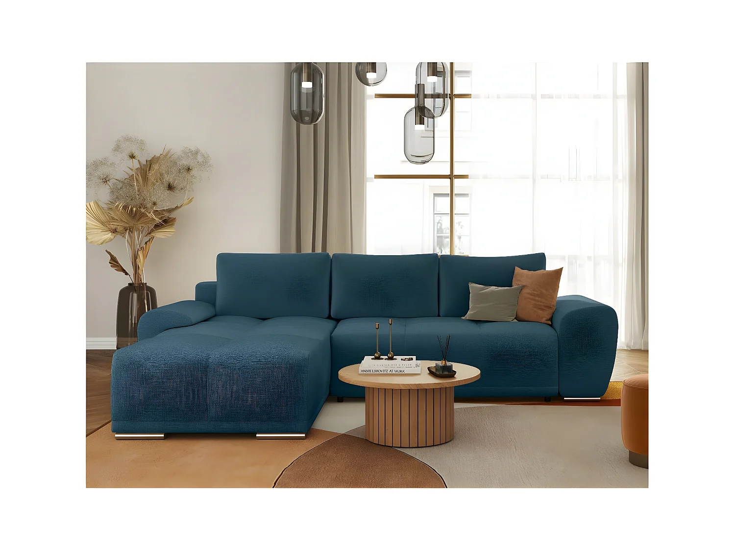 Canapé d'angle gauche 4 places convertible Cassandra avec coffre en tissu - Bleu foncé - L270 x P181 x H89cm - Loungitude