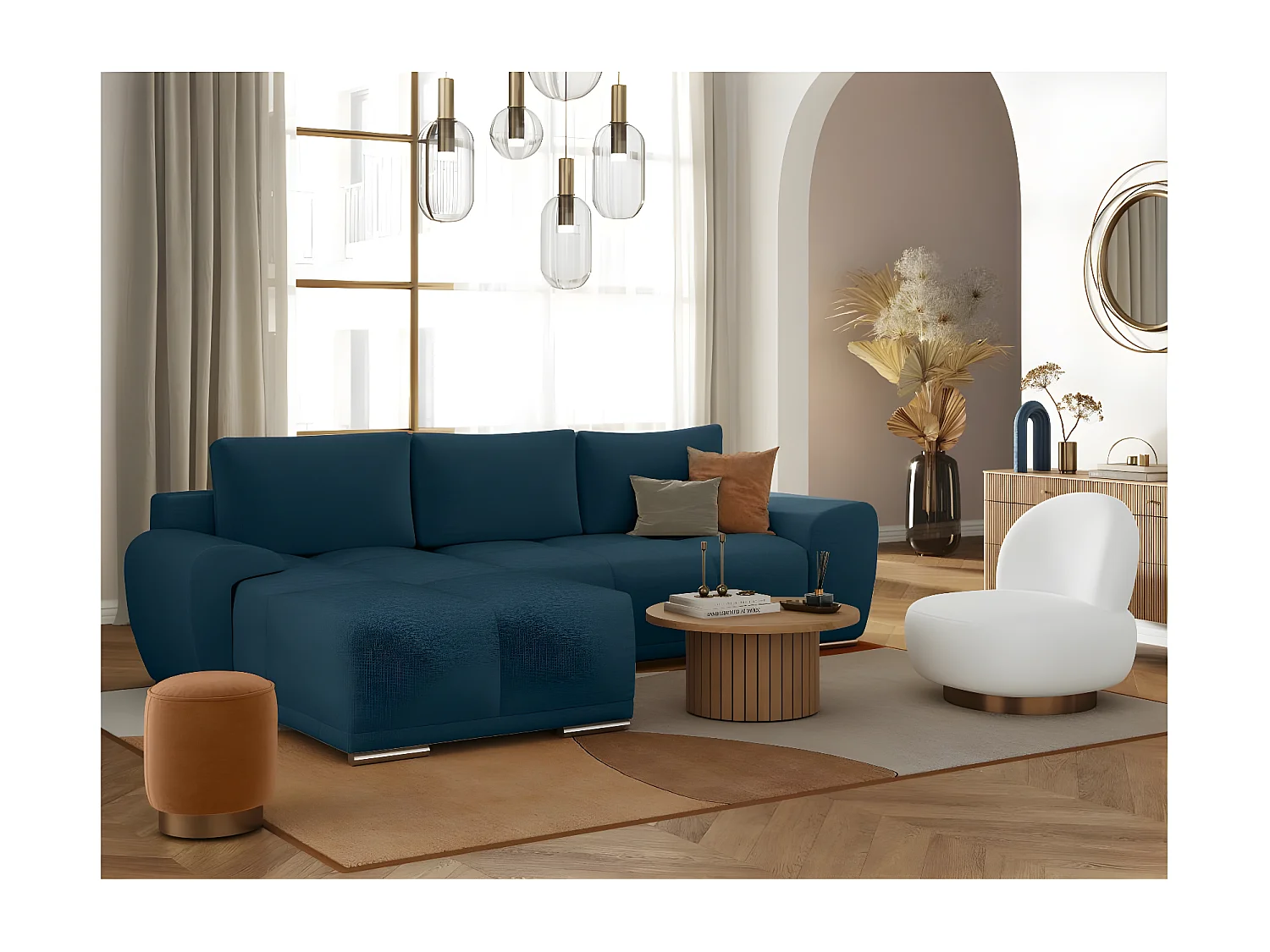 Canapé d'angle gauche 4 places convertible Cassandra avec coffre en tissu - Bleu foncé - L270 x P181 x H89cm - Loungitude