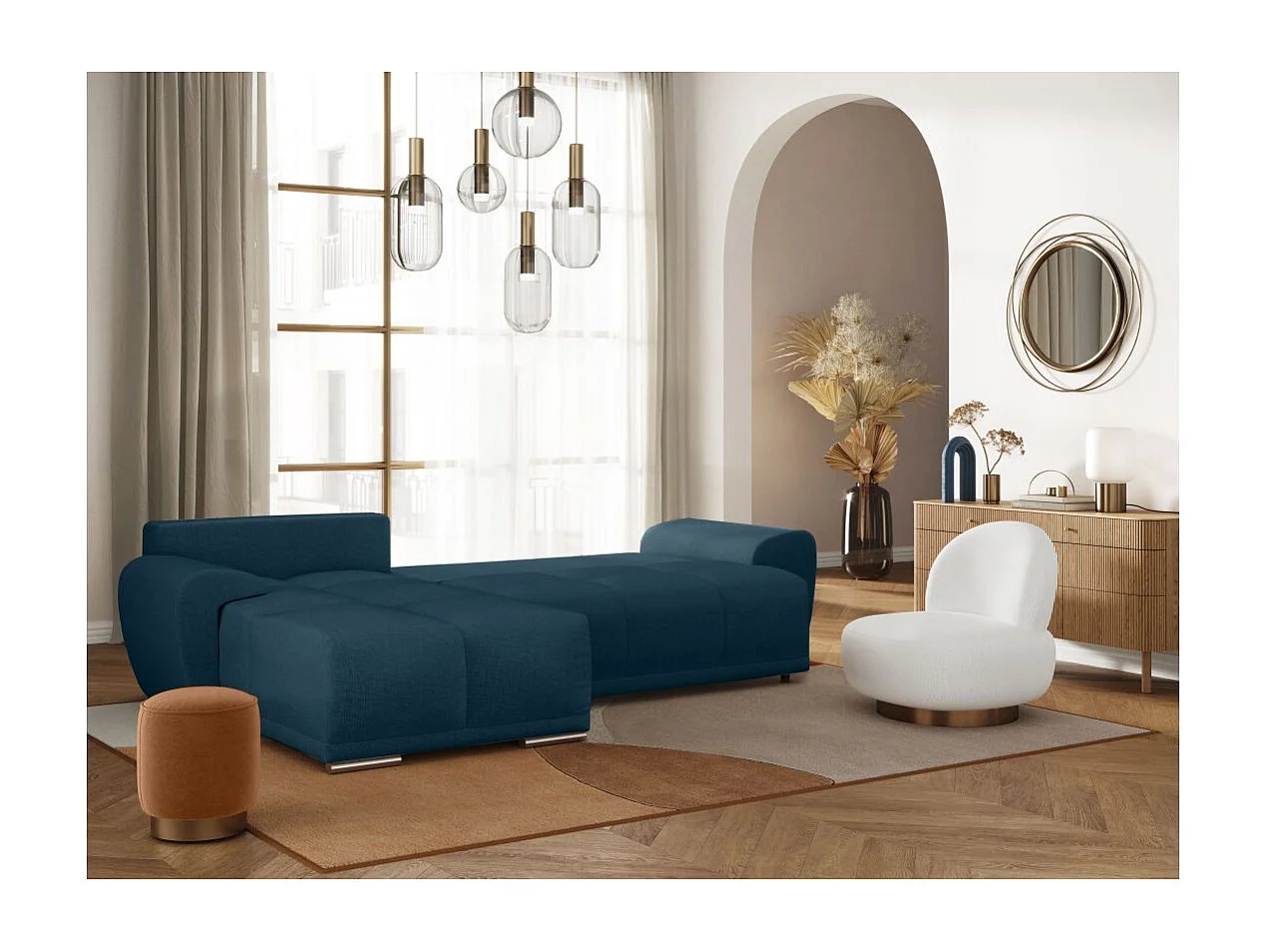 Canapé d'angle gauche 4 places convertible Cassandra avec coffre en tissu - Bleu foncé - L270 x P181 x H89cm - Loungitude