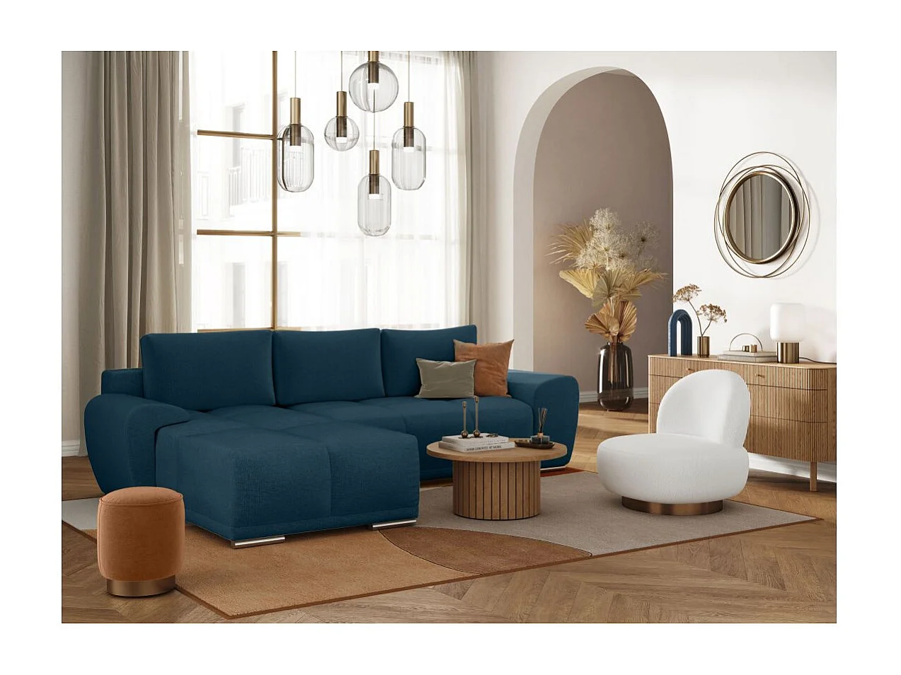 Canapé d'angle gauche 4 places convertible Cassandra avec coffre en tissu - Bleu foncé - L270 x P181 x H89cm - Loungitude
