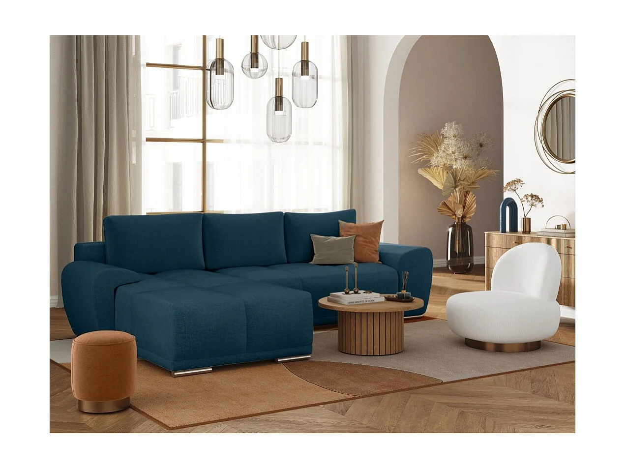 Canapé d'angle gauche 4 places convertible Cassandra avec coffre en tissu - Bleu foncé - L270 x P181 x H89cm - Loungitude