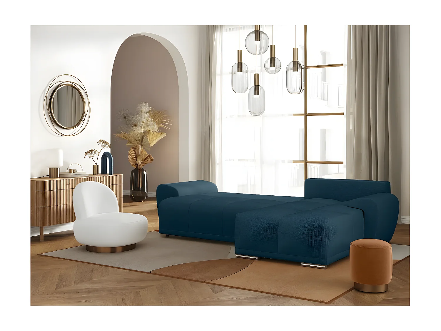 Canapé d'angle droit 4 places convertible Cassandra avec coffre en tissu - Bleu foncé - L270 x P181 x H89cm - Loungitude