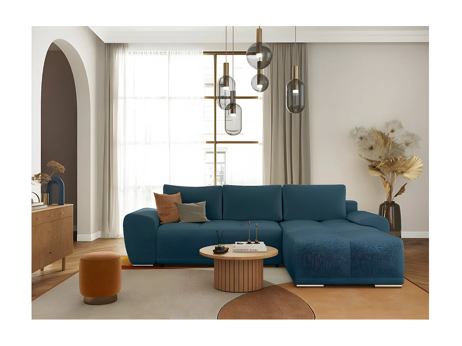 Canapé d'angle droit 4 places convertible Cassandra avec coffre en tissu - Bleu foncé - L270 x P181 x H89cm - Loungitude