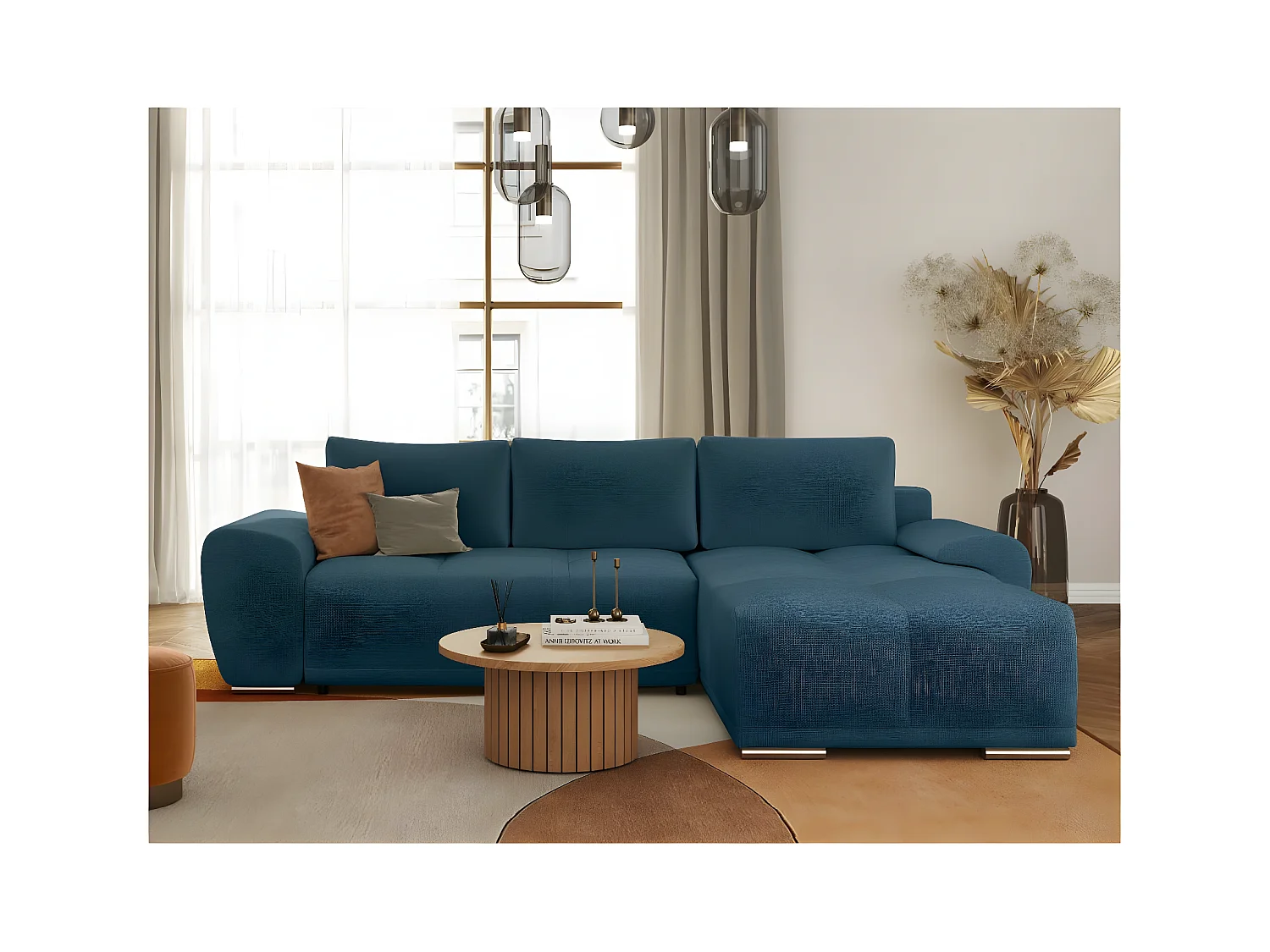 Canapé d'angle droit 4 places convertible Cassandra avec coffre en tissu - Bleu foncé - L270 x P181 x H89cm - Loungitude