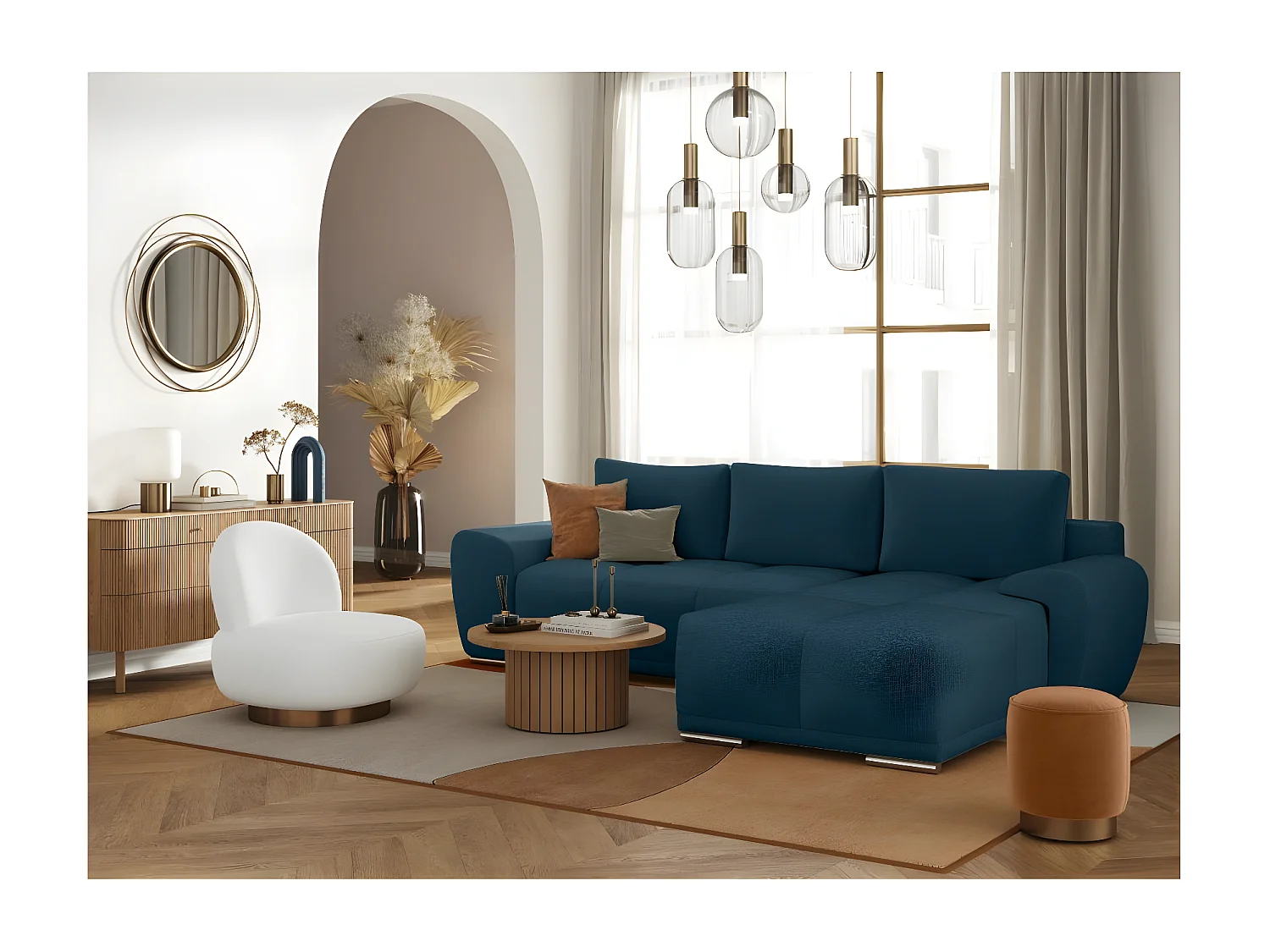 Canapé d'angle droit 4 places convertible Cassandra avec coffre en tissu - Bleu foncé - L270 x P181 x H89cm - Loungitude