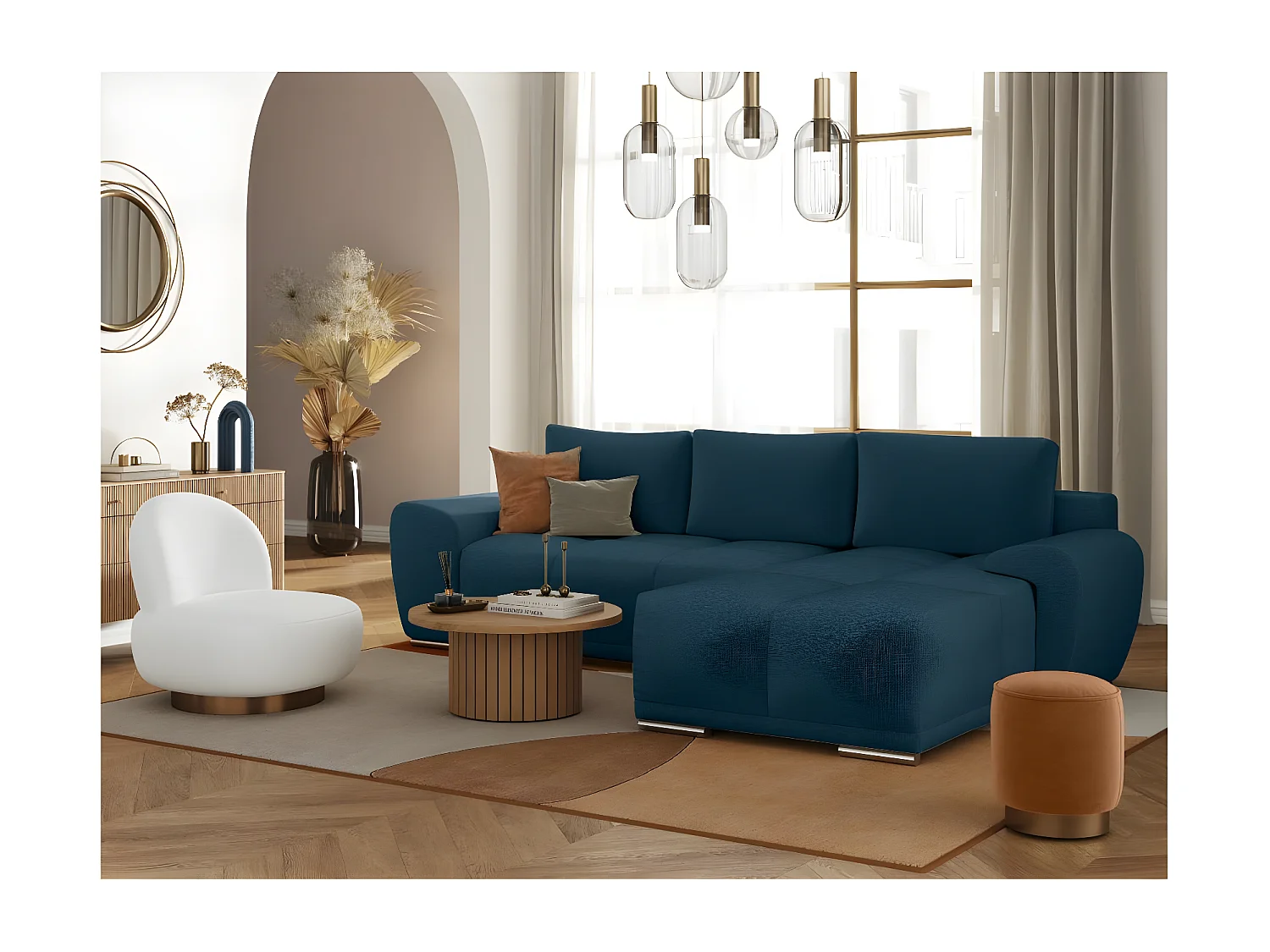 Canapé d'angle droit 4 places convertible Cassandra avec coffre en tissu - Bleu foncé - L270 x P181 x H89cm - Loungitude