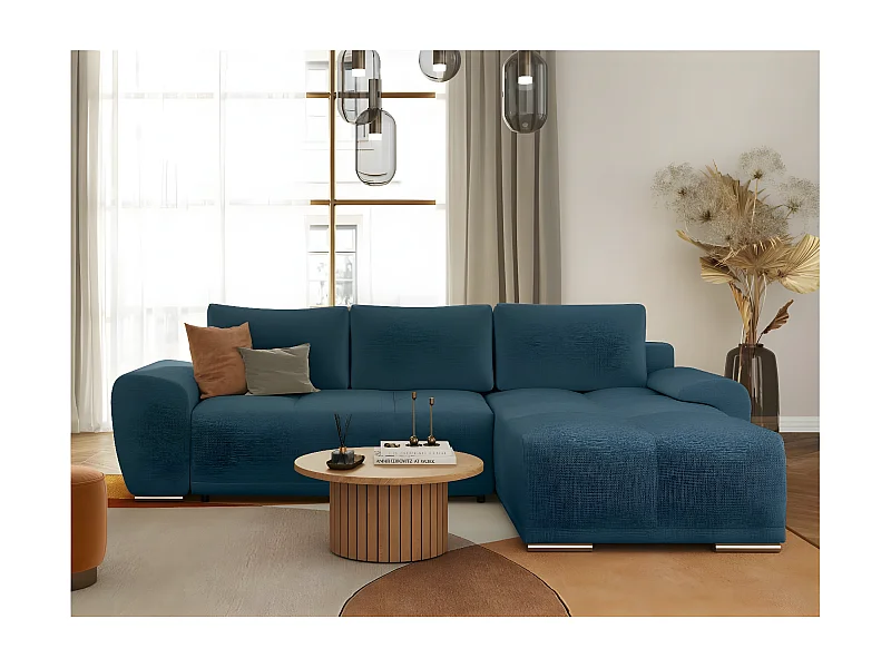 Canapé d'angle droit 4 places convertible Cassandra avec coffre en tissu - Bleu foncé - L270 x P181 x H89cm - Loungitude