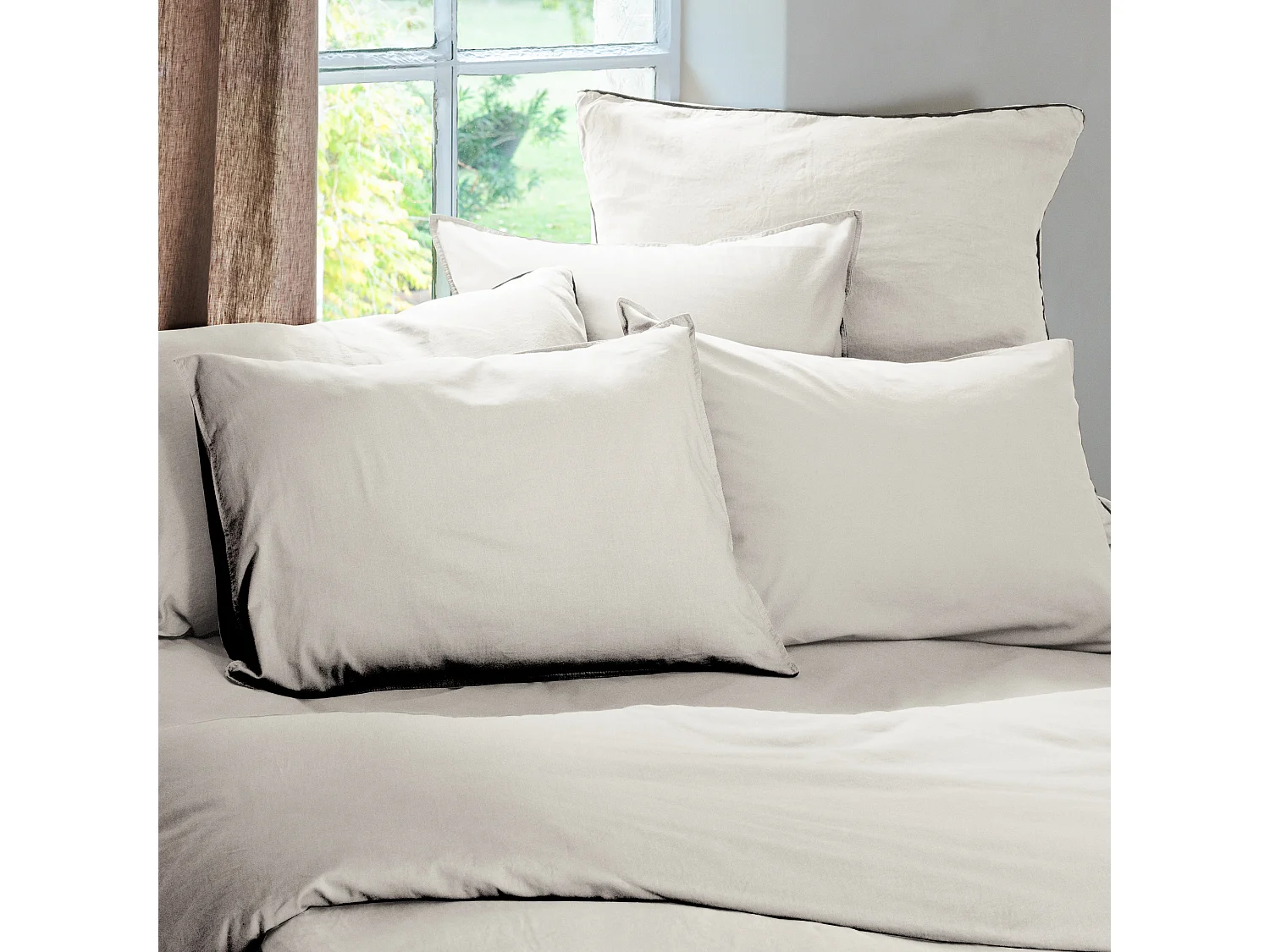 Drap housse PALACE pur coton lavé 160x200 cm bonnet 35 cm uni beige naturel