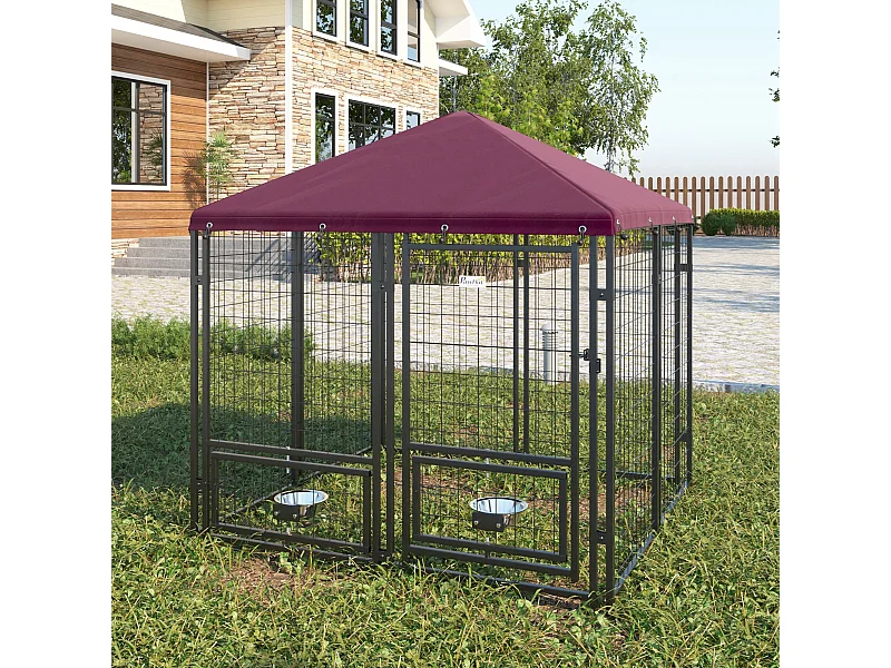 Chenil extérieur chien - cage chien - enclos chien - toile toit imperméable anti-UV, porte verrouillable, 2 bols rotatifs - acier noir oxford pourpre