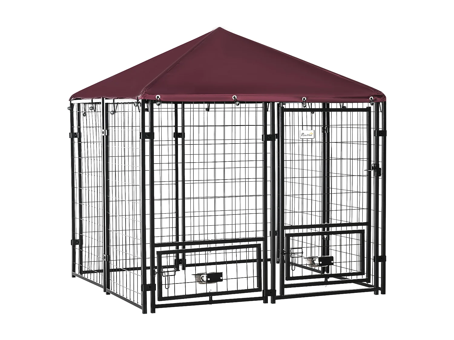 Chenil extérieur chien - cage chien - enclos chien - toile toit imperméable anti-UV, porte verrouillable, 2 bols rotatifs - acier noir oxford pourpre