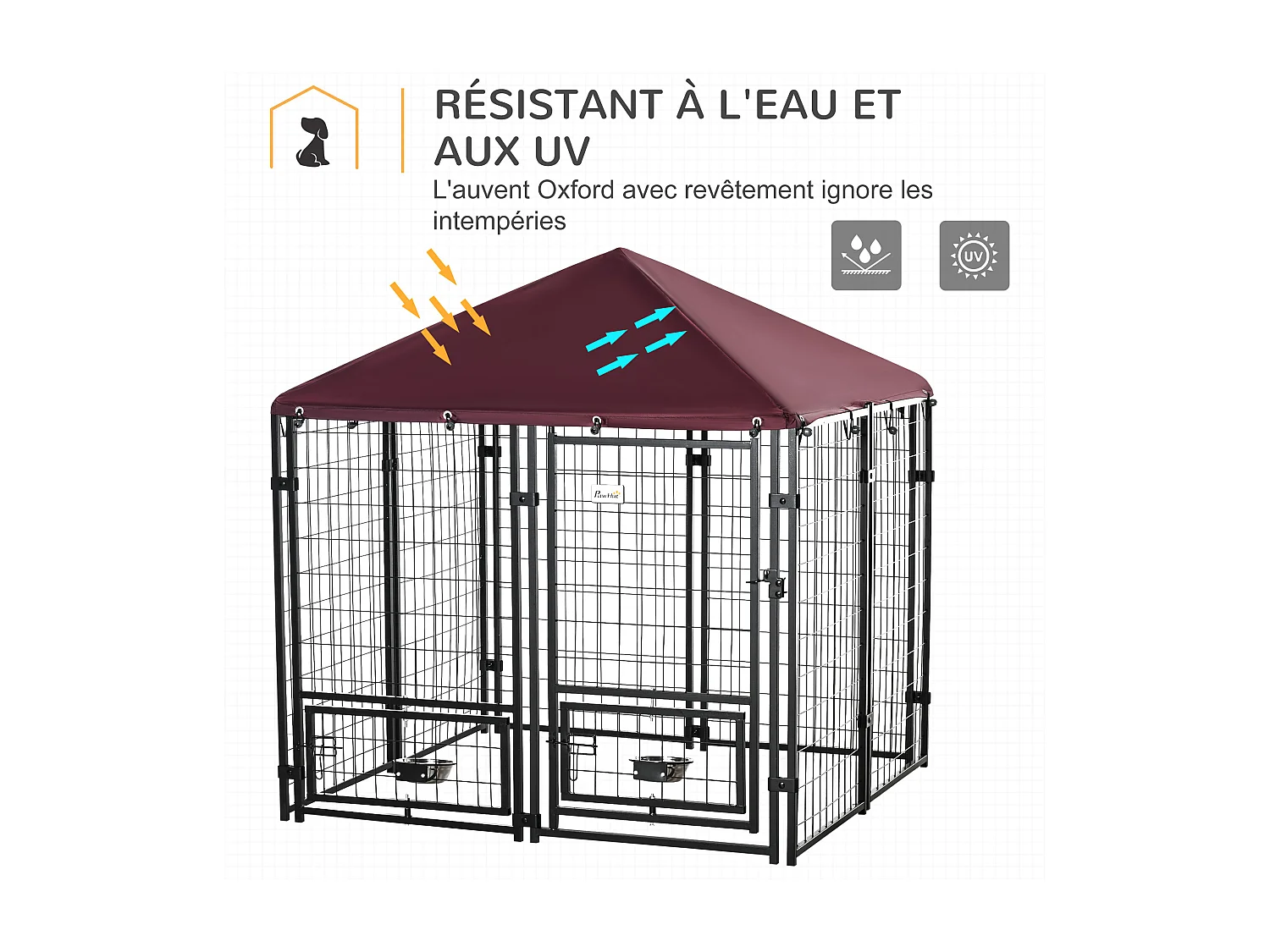 Chenil extérieur chien - cage chien - enclos chien - toile toit imperméable anti-UV, porte verrouillable, 2 bols rotatifs - acier noir oxford pourpre