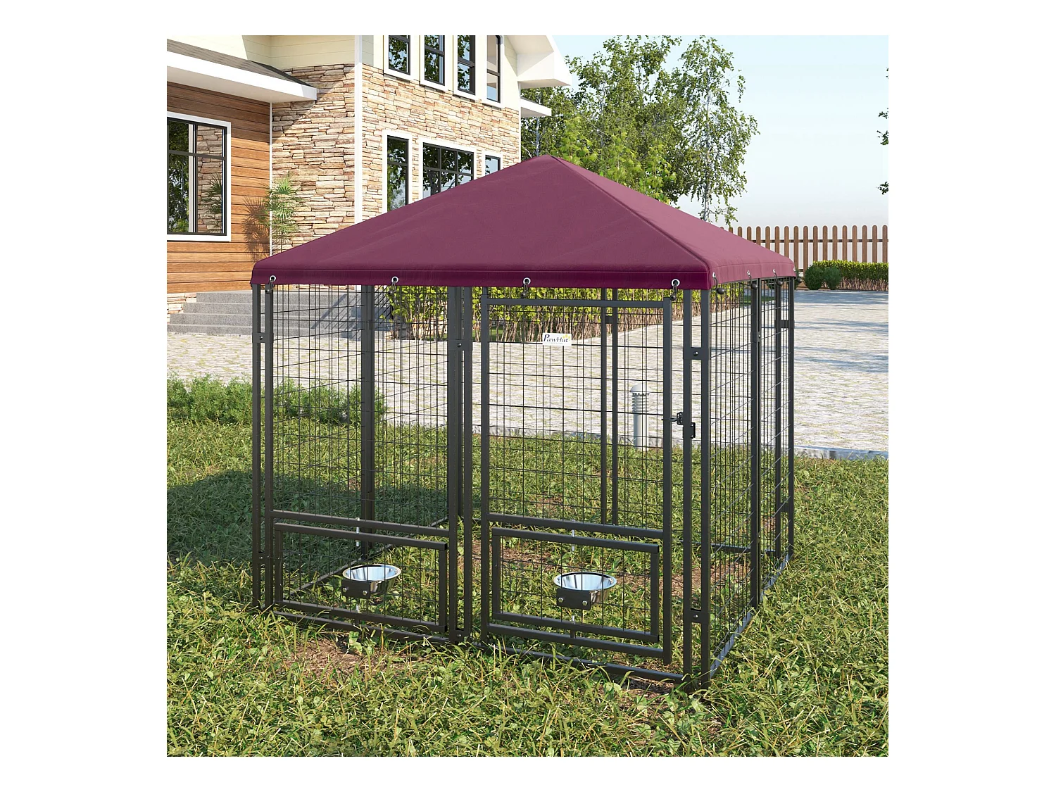 Chenil extérieur chien - cage chien - enclos chien - toile toit imperméable anti-UV, porte verrouillable, 2 bols rotatifs - acier noir oxford pourpre