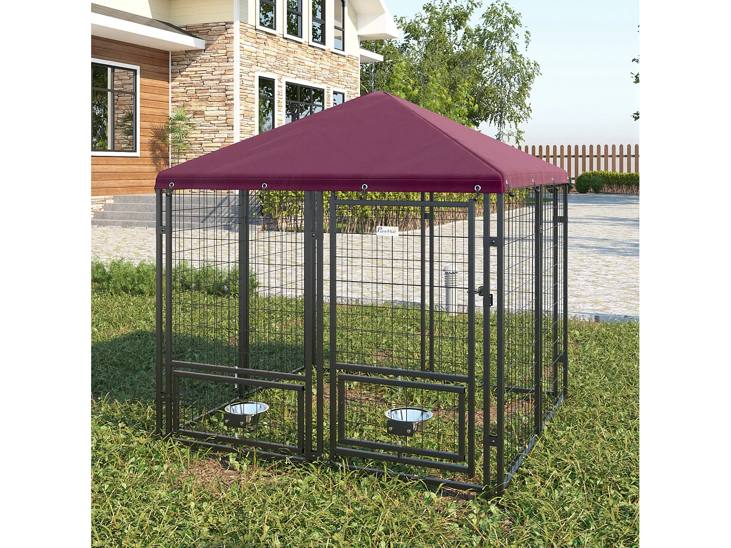 Chenil extérieur chien - cage chien - enclos chien - toile toit imperméable anti-UV, porte verrouillable, 2 bols rotatifs - acier noir oxford pourpre