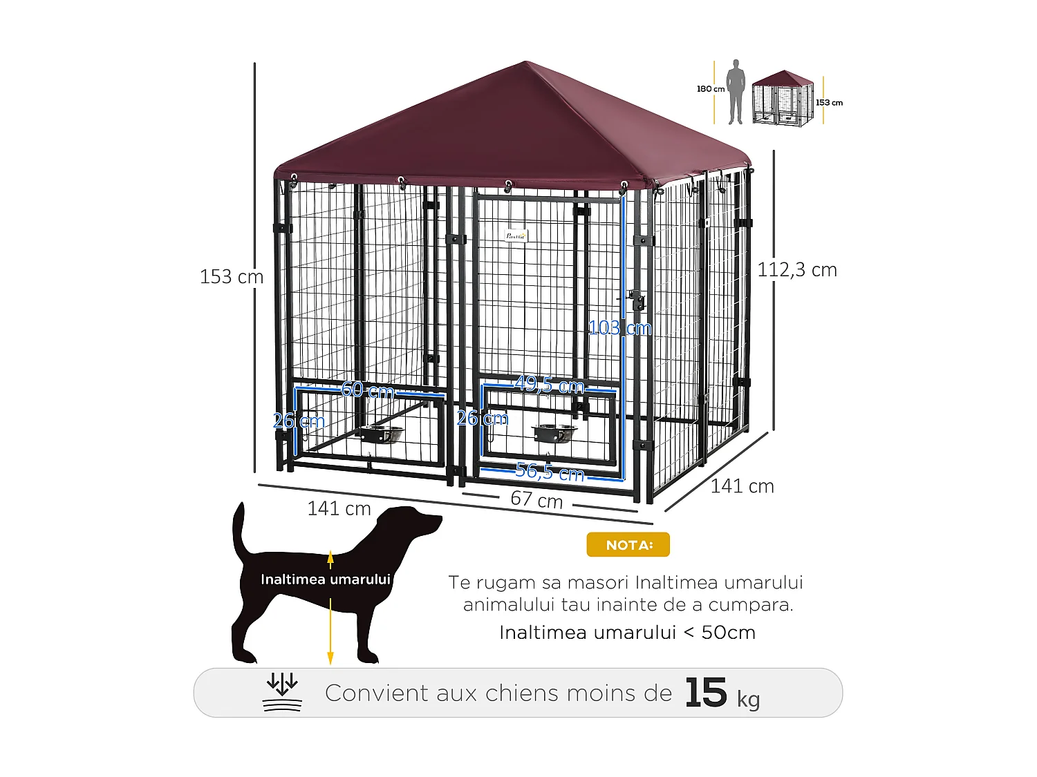 Chenil extérieur chien - cage chien - enclos chien - toile toit imperméable anti-UV, porte verrouillable, 2 bols rotatifs - acier noir oxford pourpre