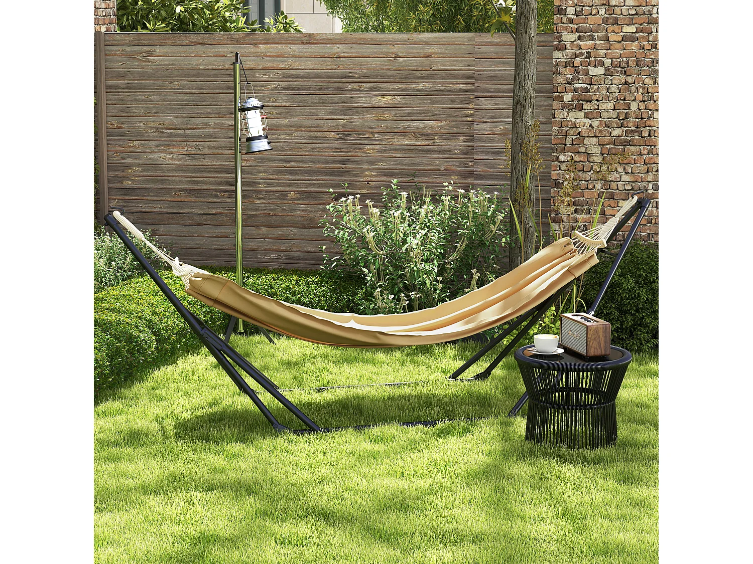 Hamac pliable complet - support acier, toile hamac coton - support 2 en 1 hamac chaise suspendue - noir beige