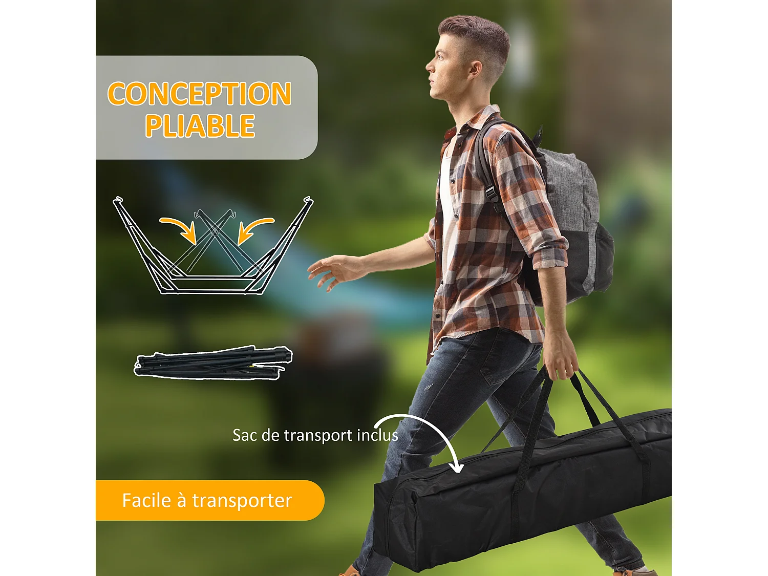 Hamac pliable complet - support acier, toile hamac coton - support 2 en 1 hamac chaise suspendue - noir beige