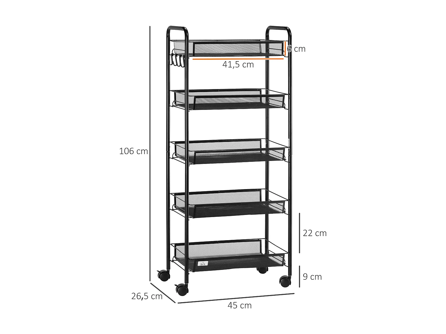 Chariot de service desserte de cuisine à roulettes 5 paniers métalliques amovibles 4 crochets acier noir