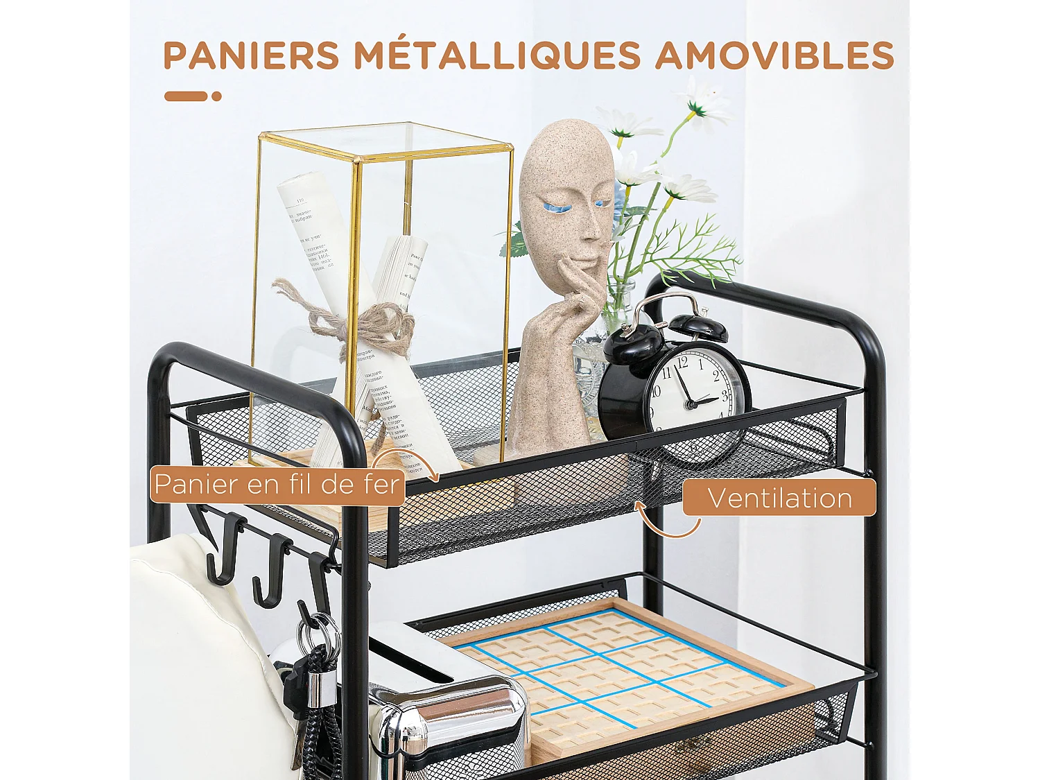 Chariot de service desserte de cuisine à roulettes 5 paniers métalliques amovibles 4 crochets acier noir