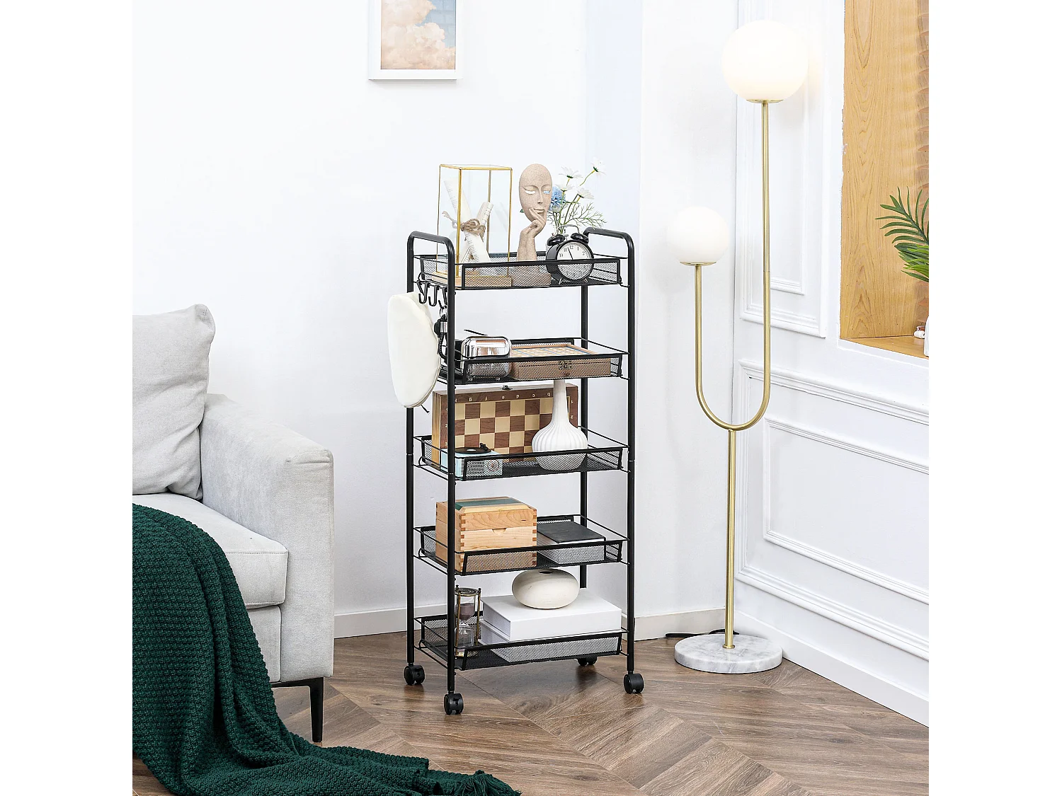 Chariot de service desserte de cuisine à roulettes 5 paniers métalliques amovibles 4 crochets acier noir