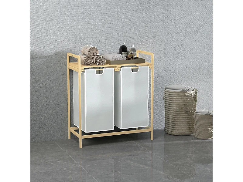 Panier à linge corbeille à linge bambou 2 paniers amovibles crème