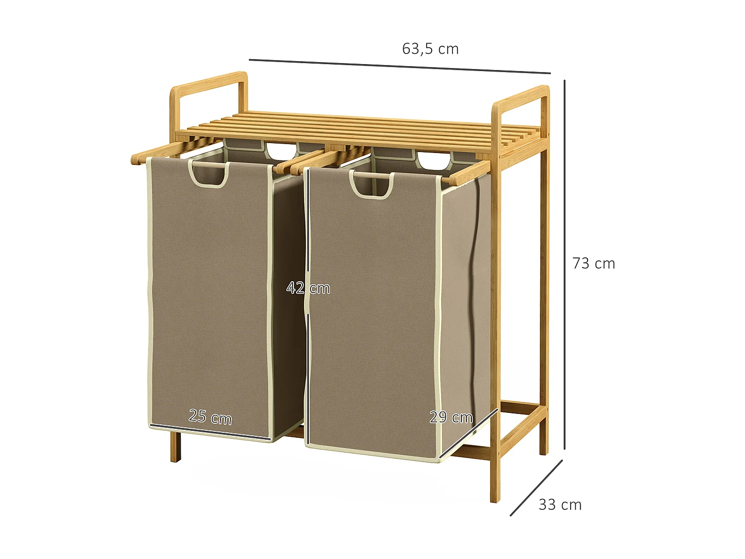 Panier à linge corbeille à linge bambou 2 paniers amovibles crème