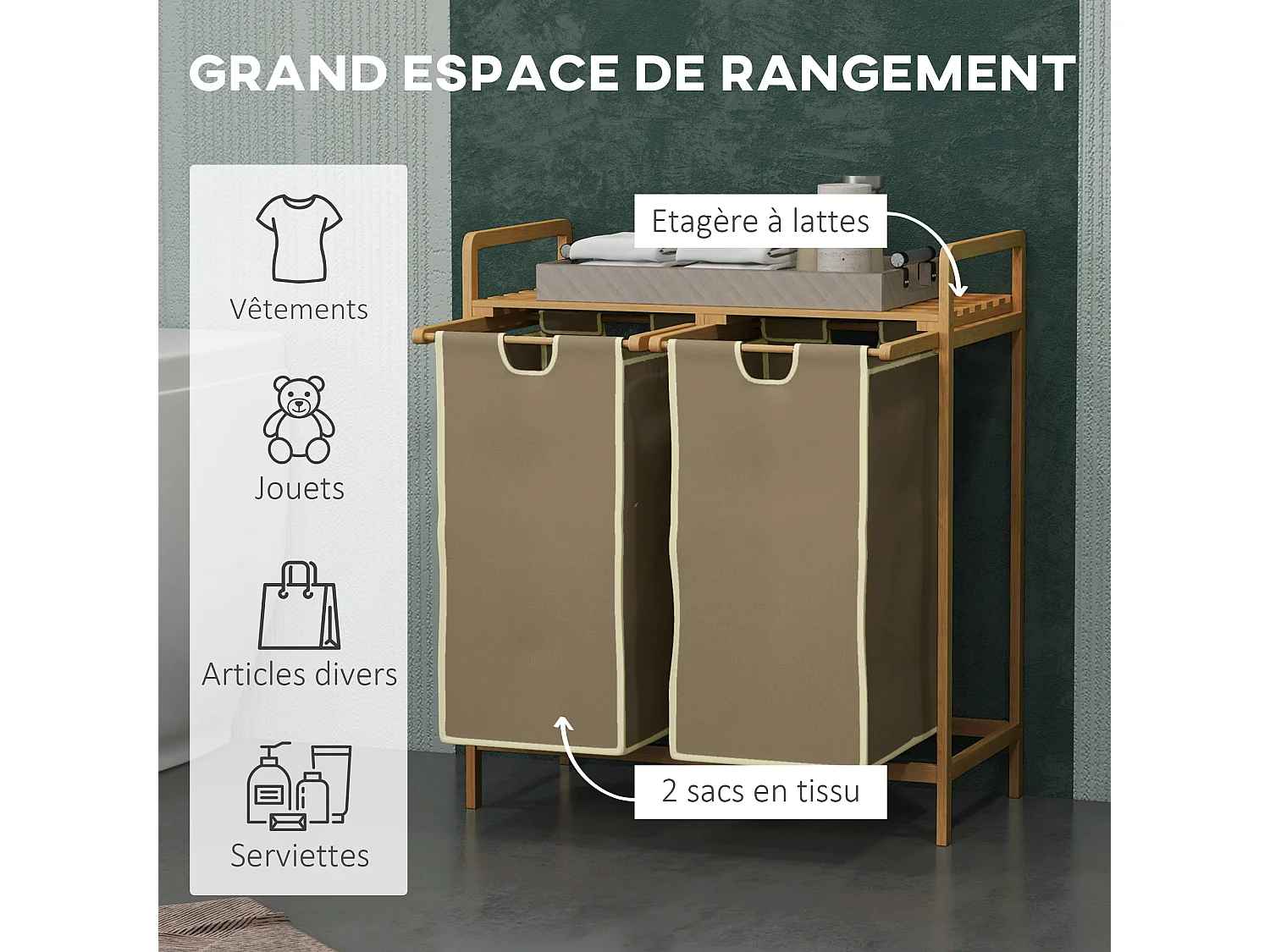 Panier à linge corbeille à linge bambou 2 paniers amovibles crème