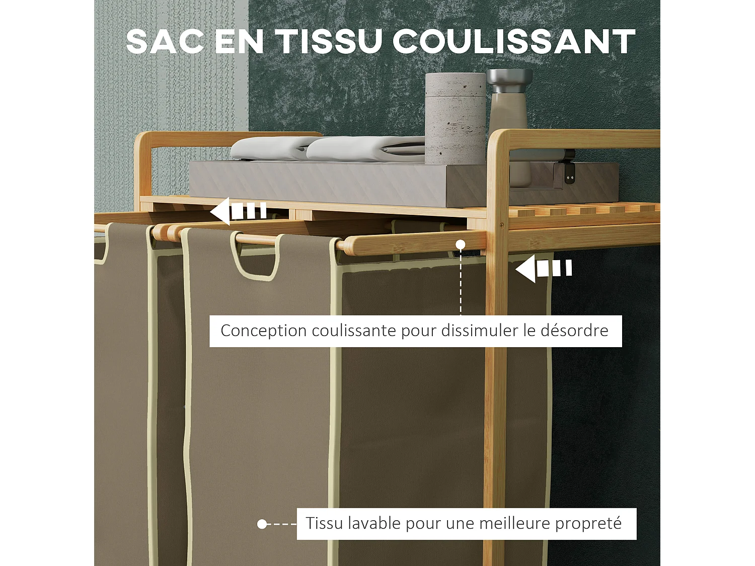 Panier à linge corbeille à linge bambou 2 paniers amovibles crème