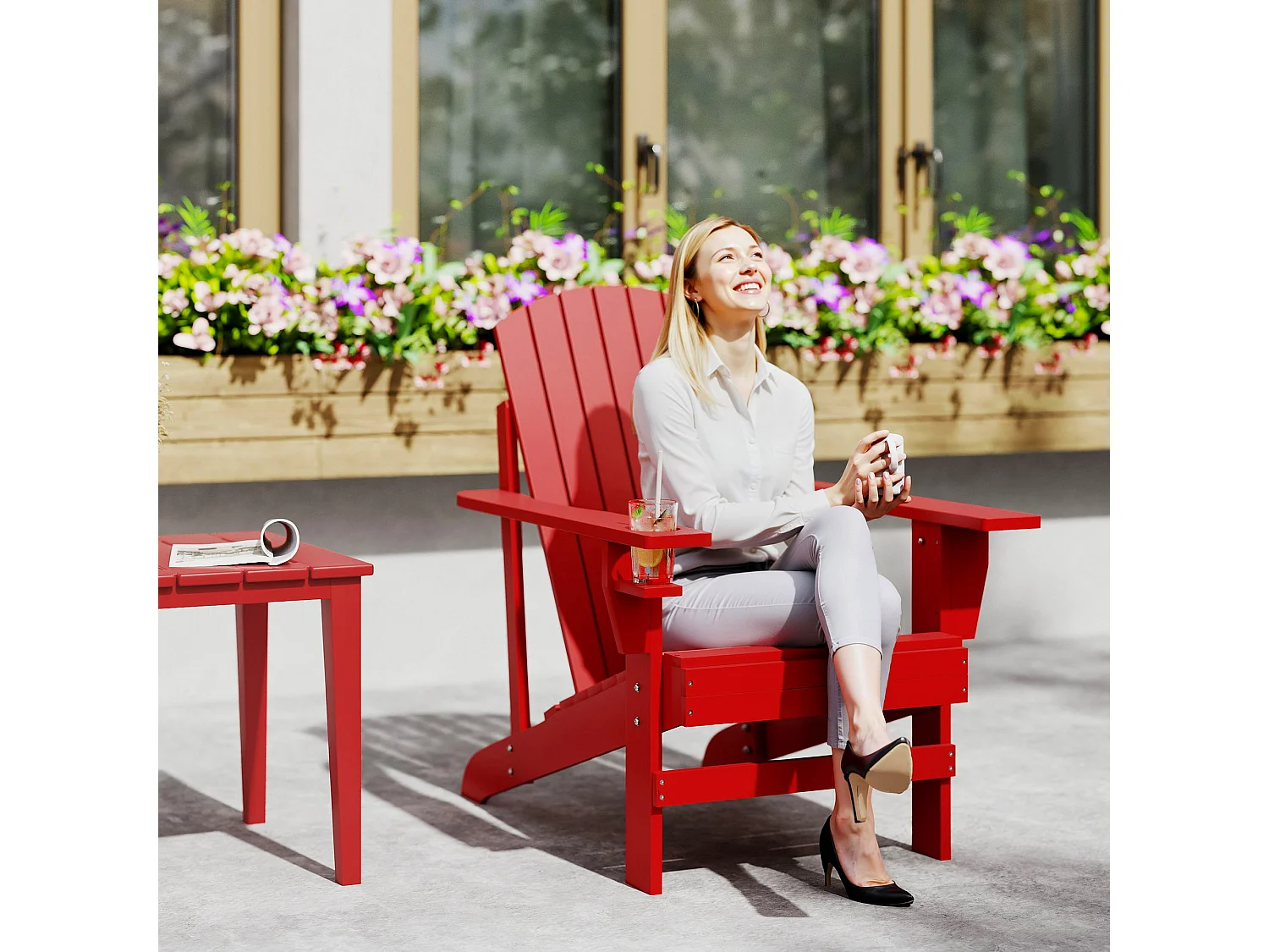 Fauteuil de jardin Adirondack grand confort porte-gobelet intégré bois de sapin traité peint rouge
