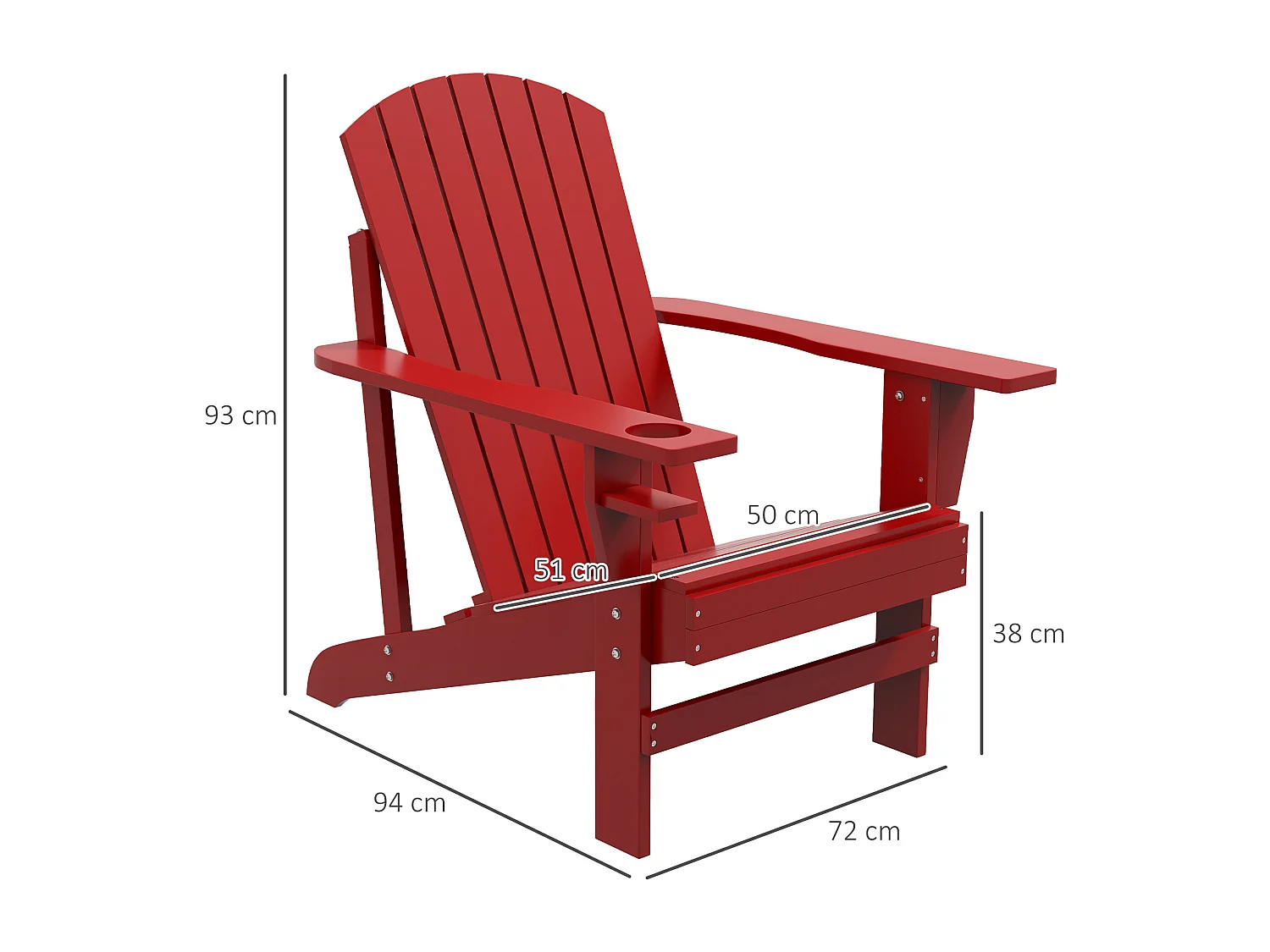 Fauteuil de jardin Adirondack grand confort porte-gobelet intégré bois de sapin traité peint rouge