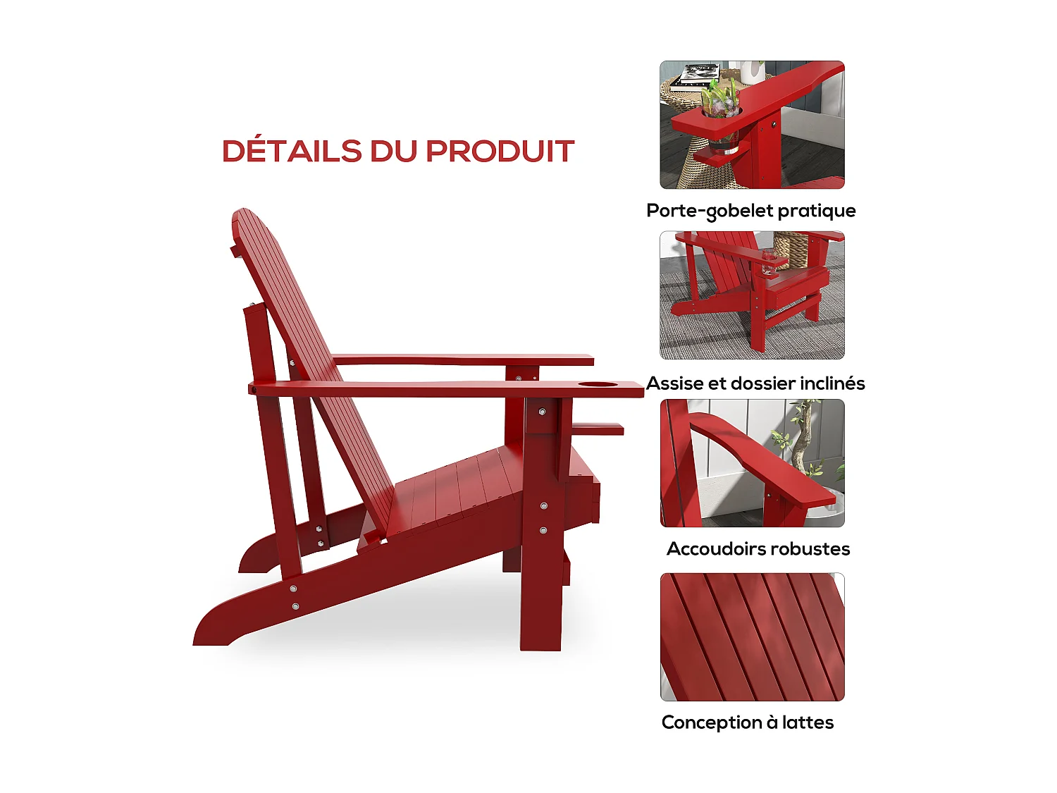 Fauteuil de jardin Adirondack grand confort porte-gobelet intégré bois de sapin traité peint rouge