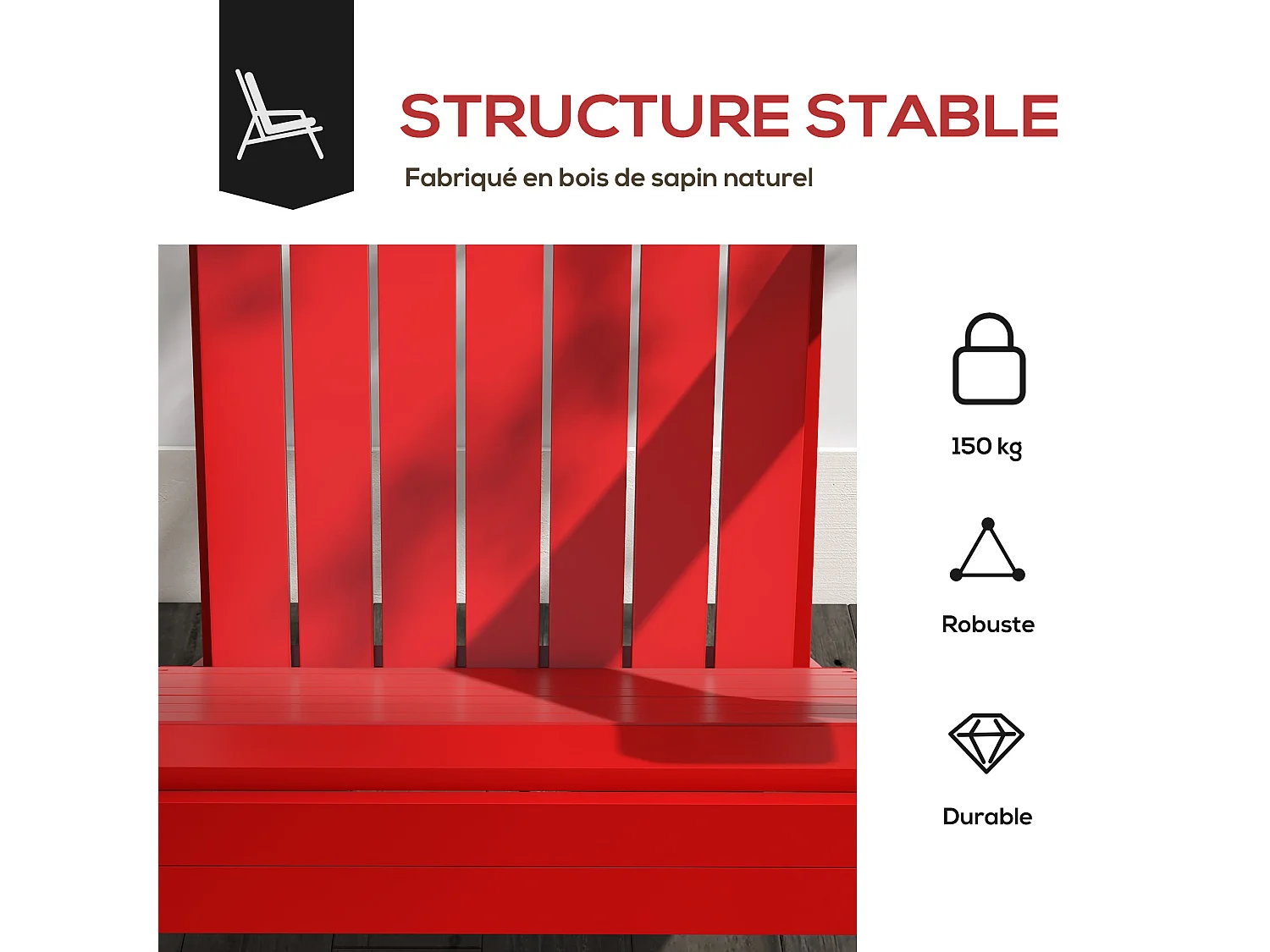 Fauteuil de jardin Adirondack grand confort porte-gobelet intégré bois de sapin traité peint rouge