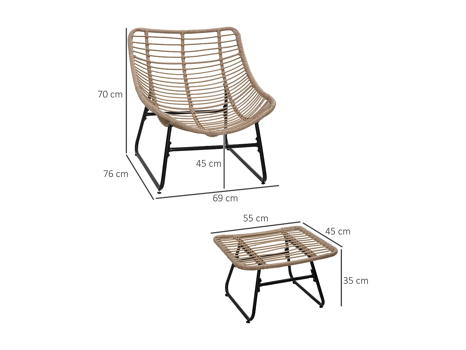 Fauteuil de jardin avec repose-pieds - 2 coussins polyester inclus - métal époxy résine tressée aspect rotin beige