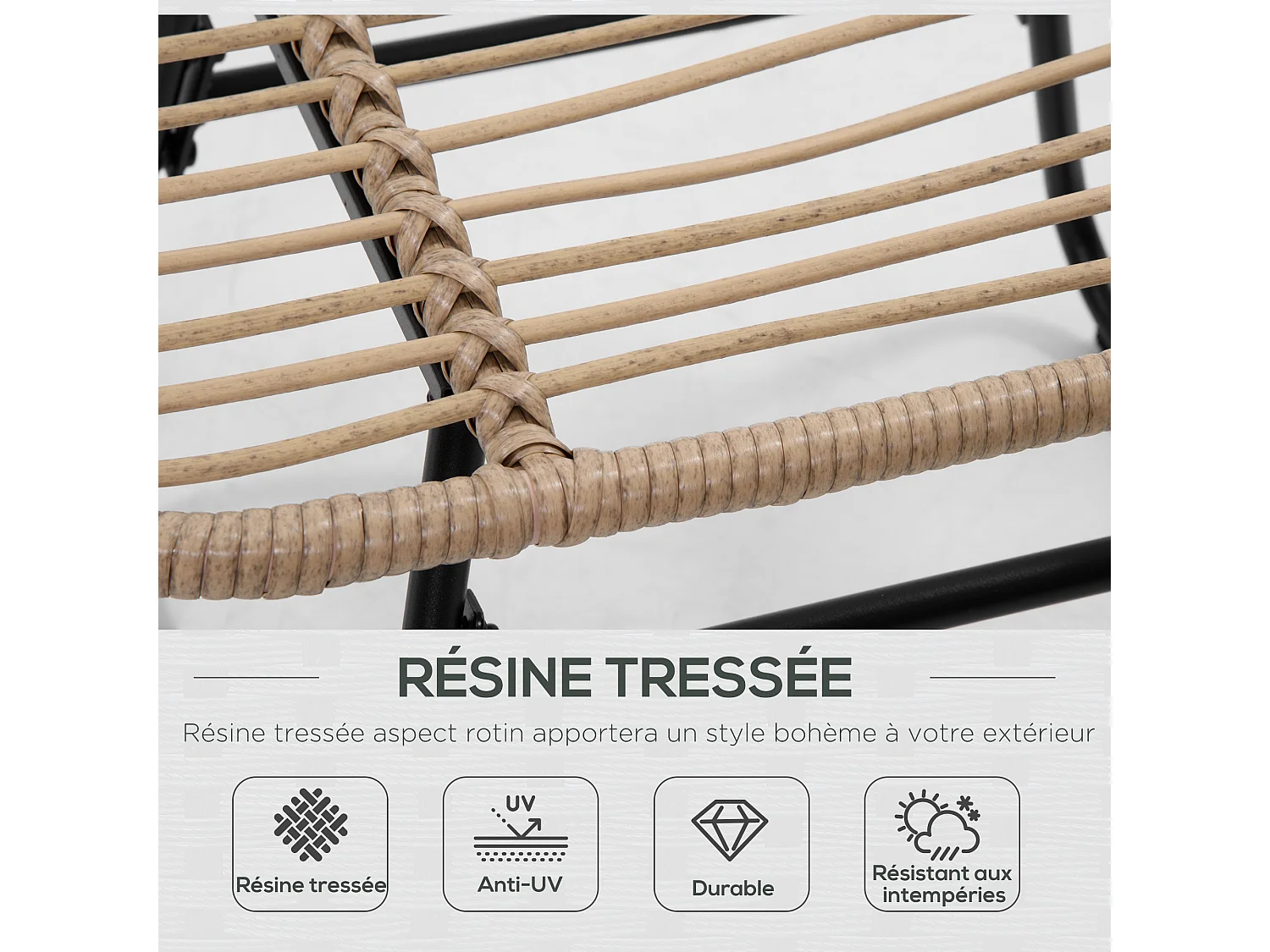 Fauteuil de jardin avec repose-pieds - 2 coussins polyester inclus - métal époxy résine tressée aspect rotin beige