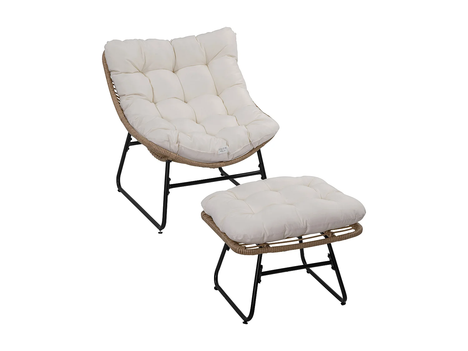 Fauteuil de jardin avec repose-pieds - 2 coussins polyester inclus - métal époxy résine tressée aspect rotin beige