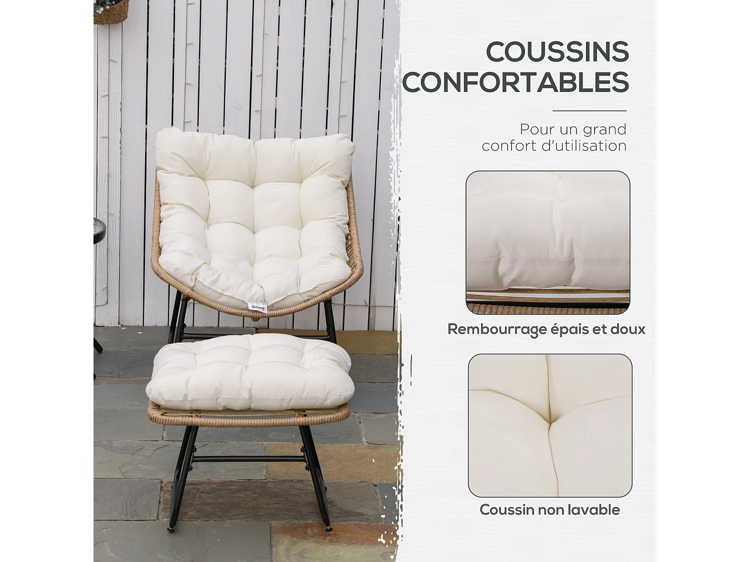 Fauteuil de jardin avec repose-pieds - 2 coussins polyester inclus - métal époxy résine tressée aspect rotin beige
