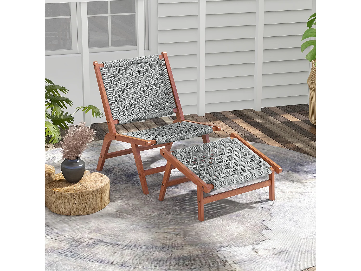 Fauteuil relax de jardin avec repose-pied bois d'acacia résine tressée grise