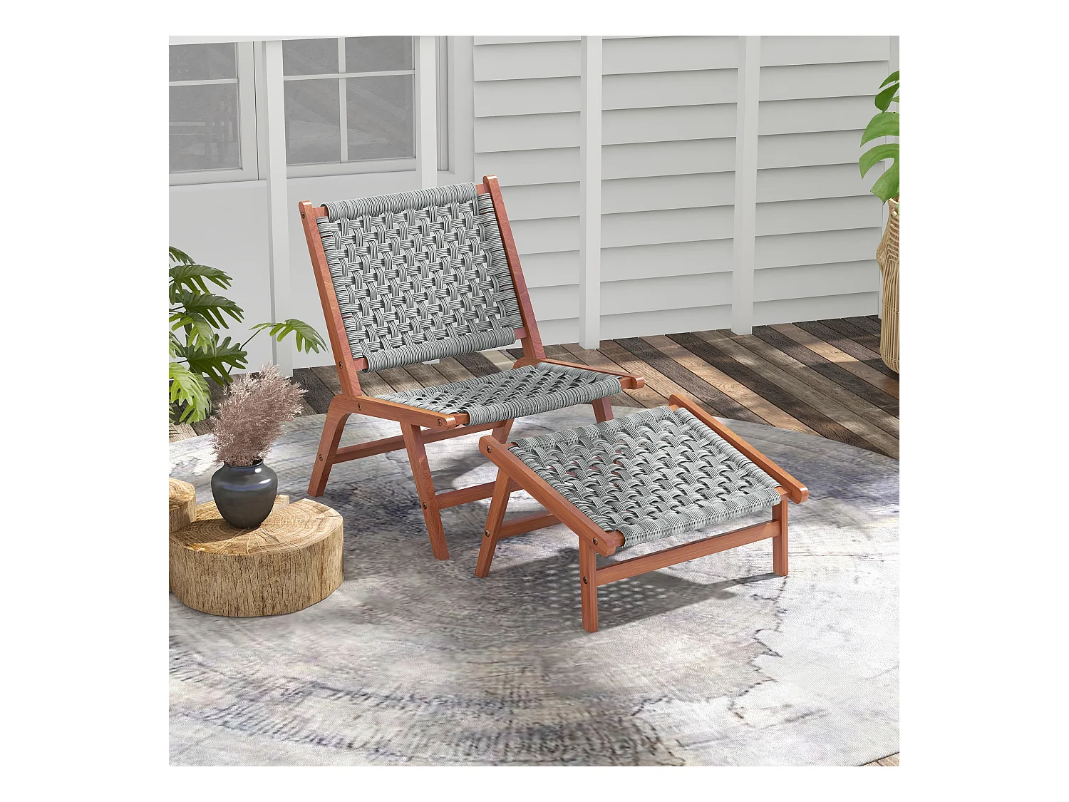Fauteuil relax de jardin avec repose-pied bois d'acacia résine tressée grise