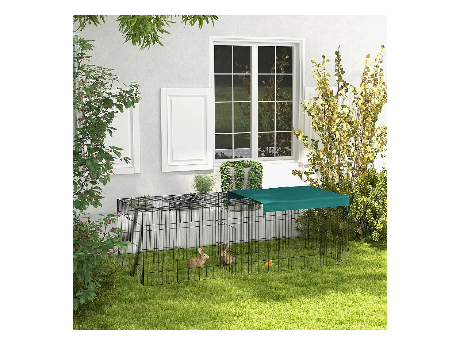 Parc enclos petits animaux - 2 portes, 3 trappes nourrissages, zone couverte - acier noir polyester vert