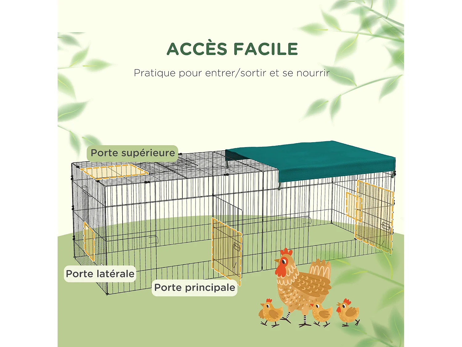 Parc enclos petits animaux - 2 portes, 3 trappes nourrissages, zone couverte - acier noir polyester vert