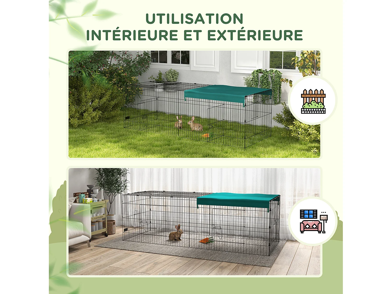 Parc enclos petits animaux - 2 portes, 3 trappes nourrissages, zone couverte - acier noir polyester vert