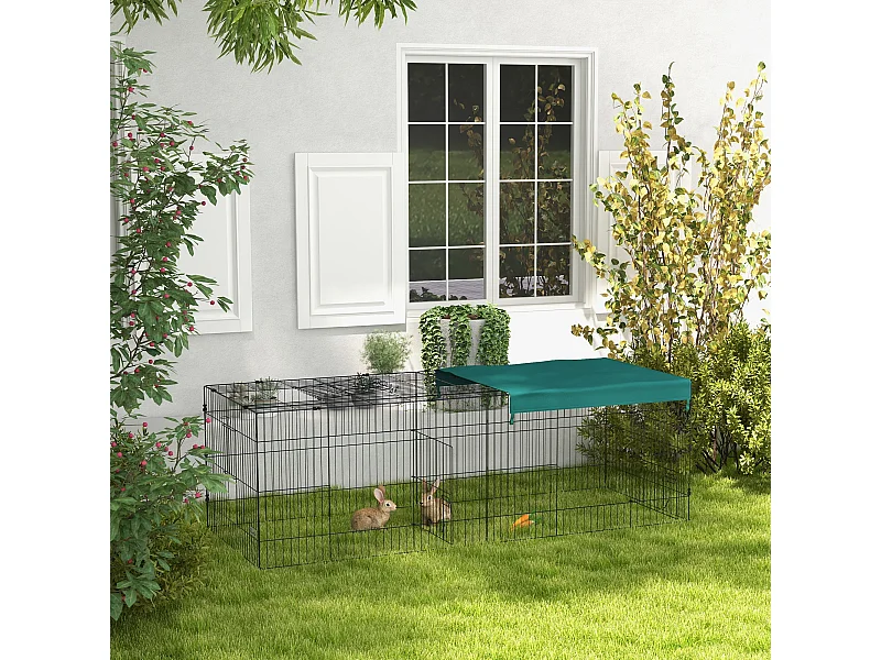 Parc enclos petits animaux - 2 portes, 3 trappes nourrissages, zone couverte - acier noir polyester vert