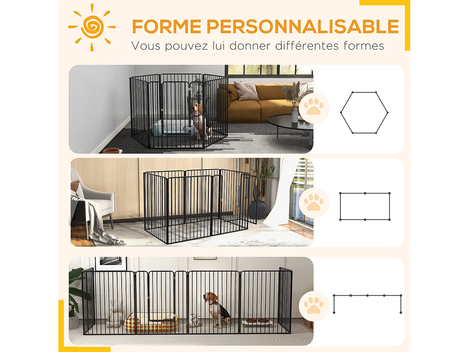 Parc enclos modulable pour chien 6 panneaux avec porte acier époxy noir