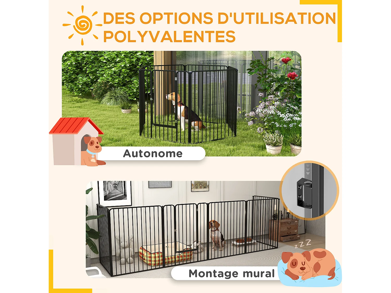 Parc enclos modulable pour chien 6 panneaux avec porte acier époxy noir