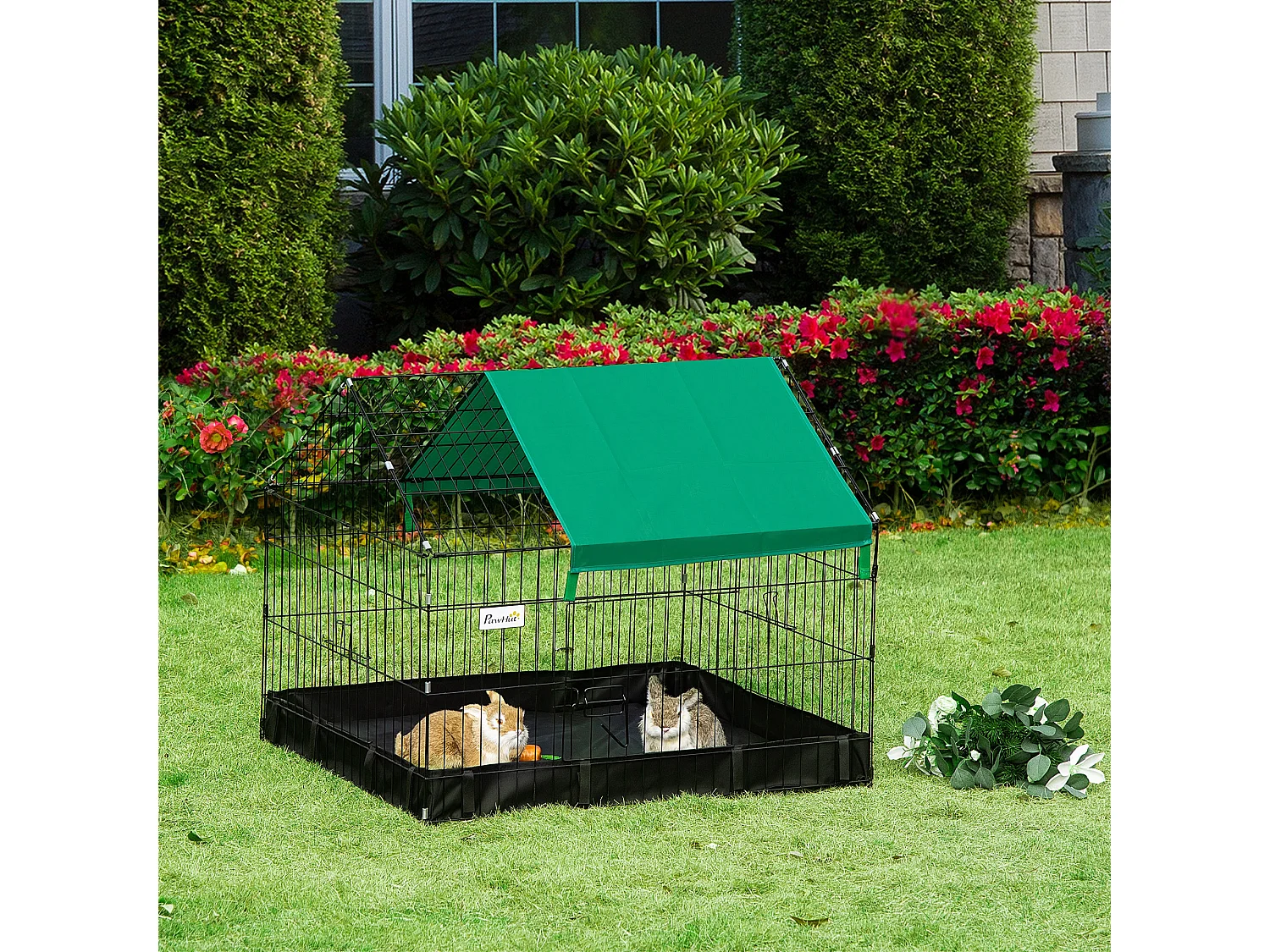 Cage parc enclos rongeurs dim. 90L x 75l x 75H cm - bâche de sol/toit imperméable, porte, trappe - acier oxford noir vert