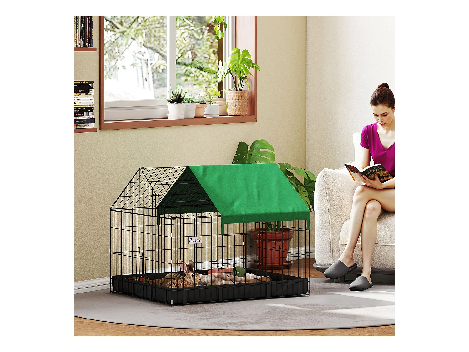 Cage parc enclos rongeurs dim. 90L x 75l x 75H cm - bâche de sol/toit imperméable, porte, trappe - acier oxford noir vert