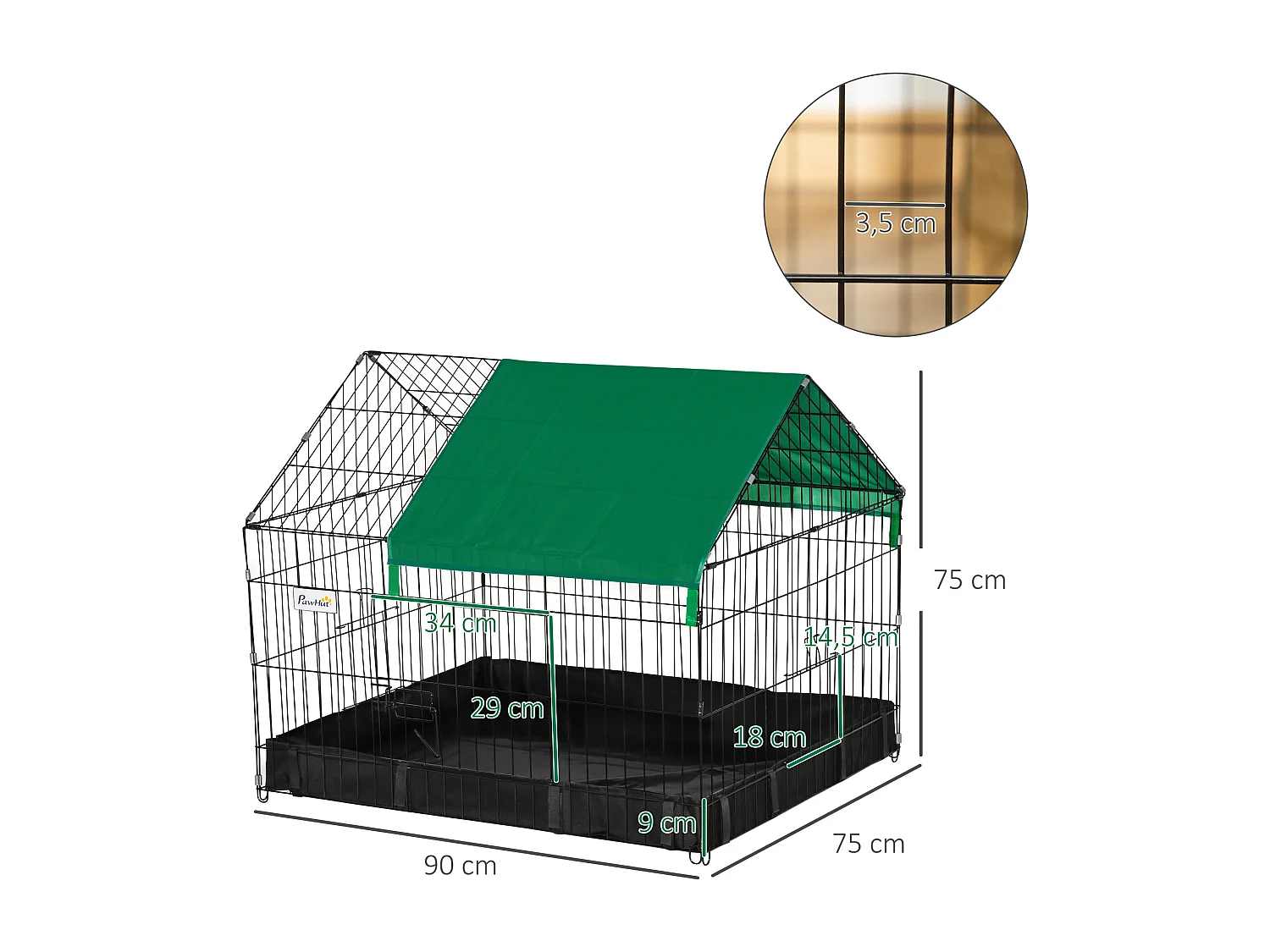 Cage parc enclos rongeurs dim. 90L x 75l x 75H cm - bâche de sol/toit imperméable, porte, trappe - acier oxford noir vert