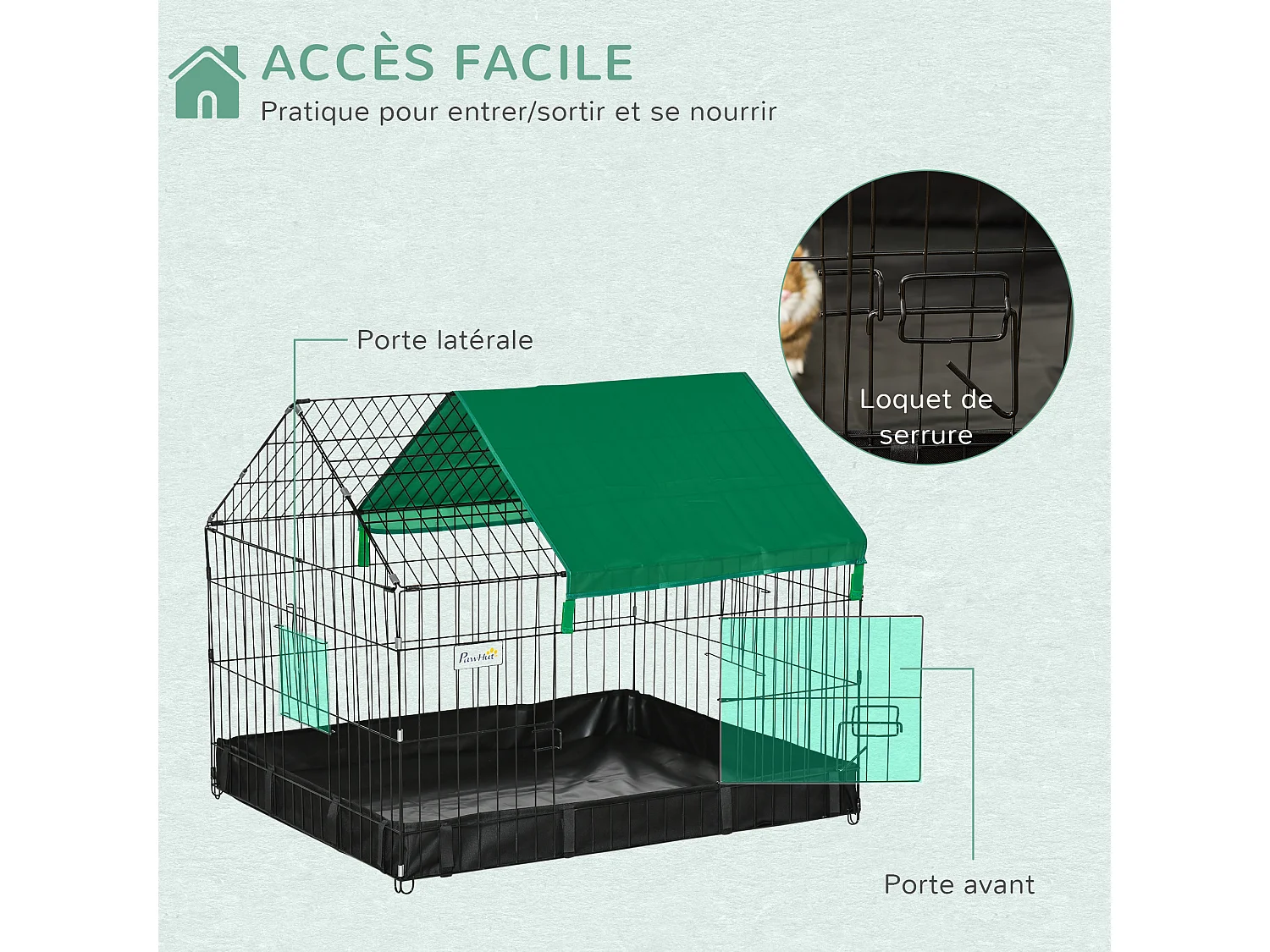 Cage parc enclos rongeurs dim. 90L x 75l x 75H cm - bâche de sol/toit imperméable, porte, trappe - acier oxford noir vert