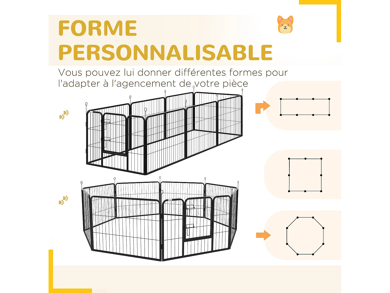 Luxe parc enclos modulable acier 8 panneaux dim. 80L x 60H cm - porte verrouillable - acier époxy noir